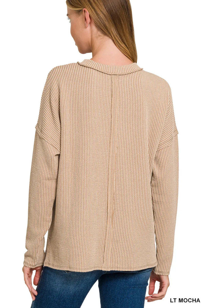 Zenana Long Sleeve Drop Shoulder Rib Top