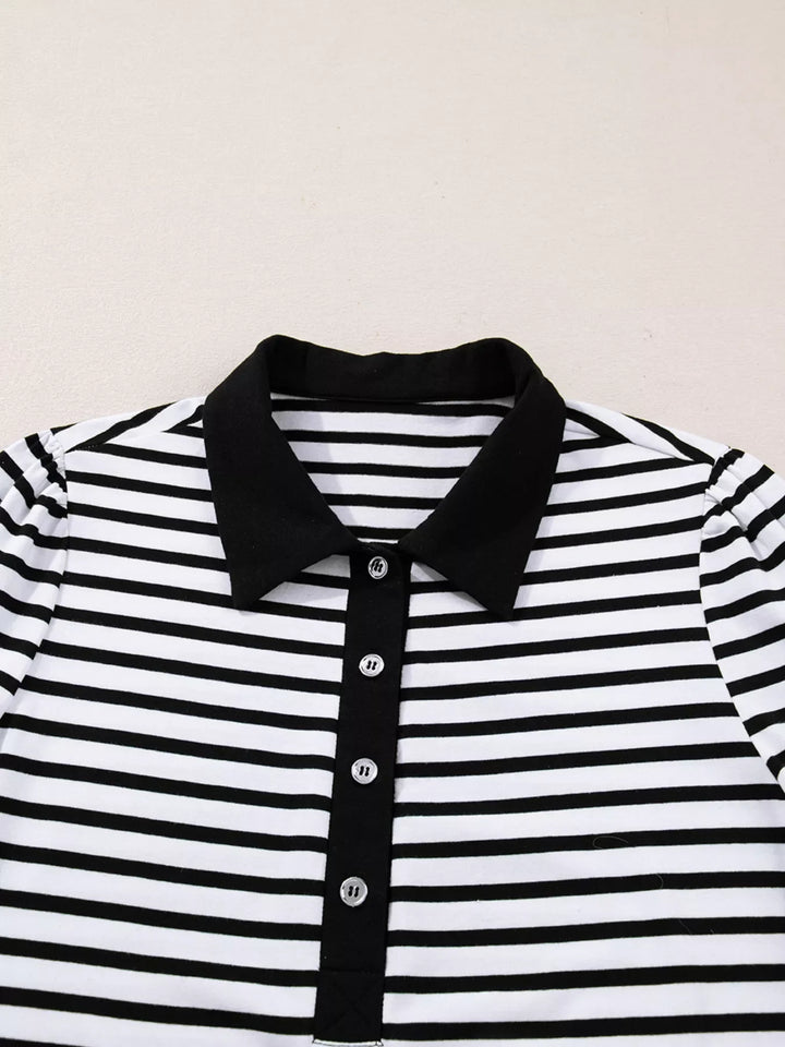 Stripe Buttoned Front Collared Long Sleeve T Shirt Dress with Pockets