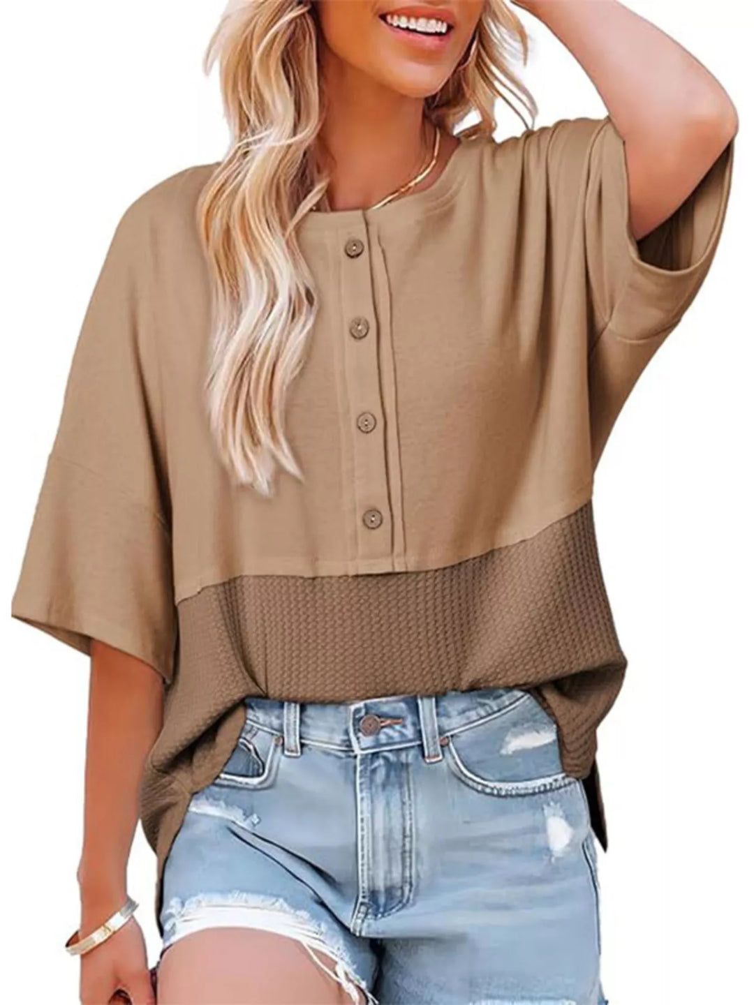 Button Detail Texture Knit T-Shirt