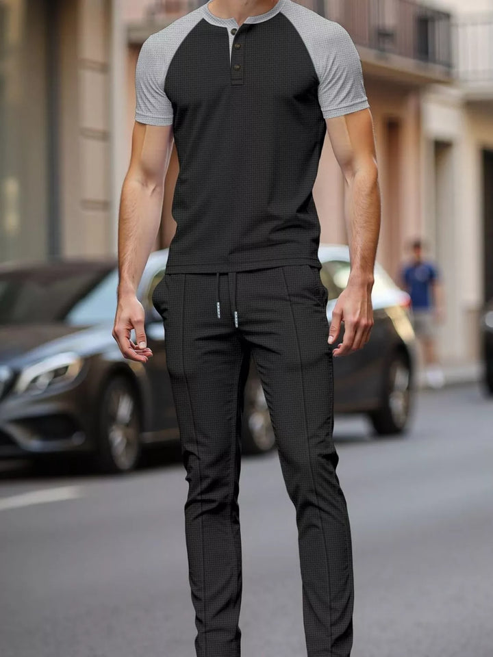 Men's Full Size Casual Two-Tone Raglan Sleeve Tee and Pants Set Plus Size