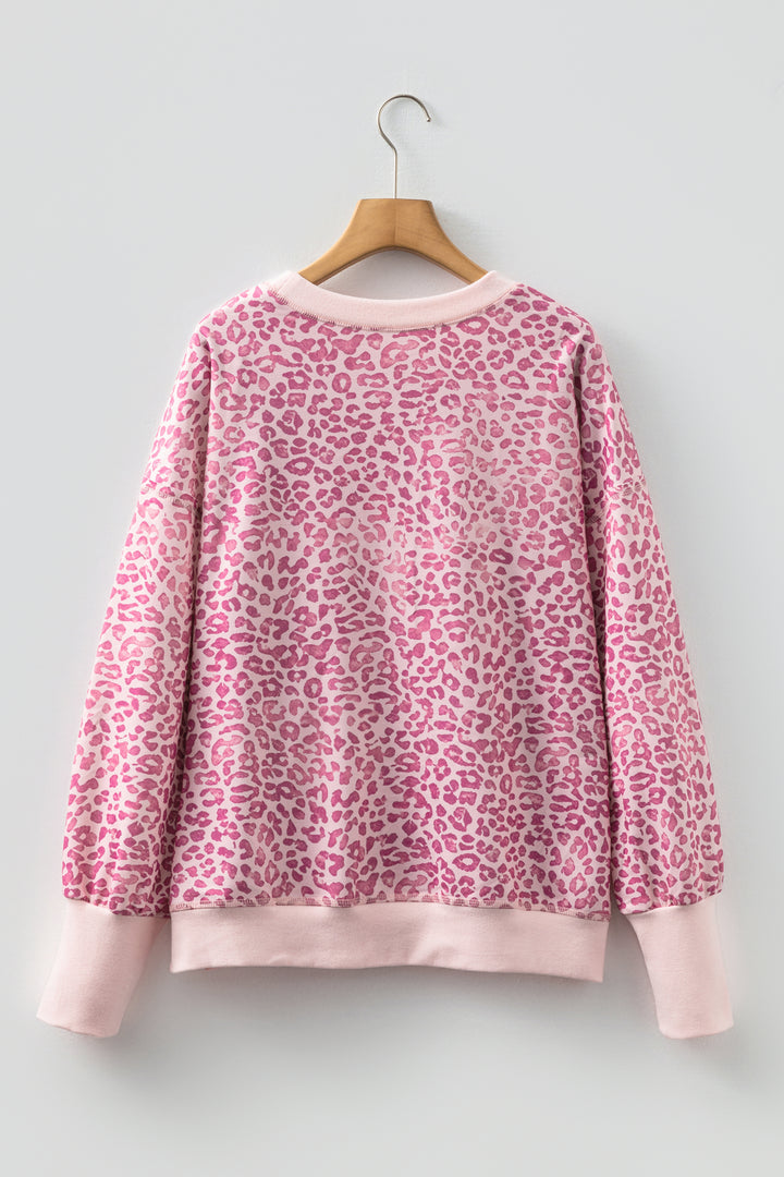 Pink Leopard Print Patchwork Crew Neck Sweatshirt