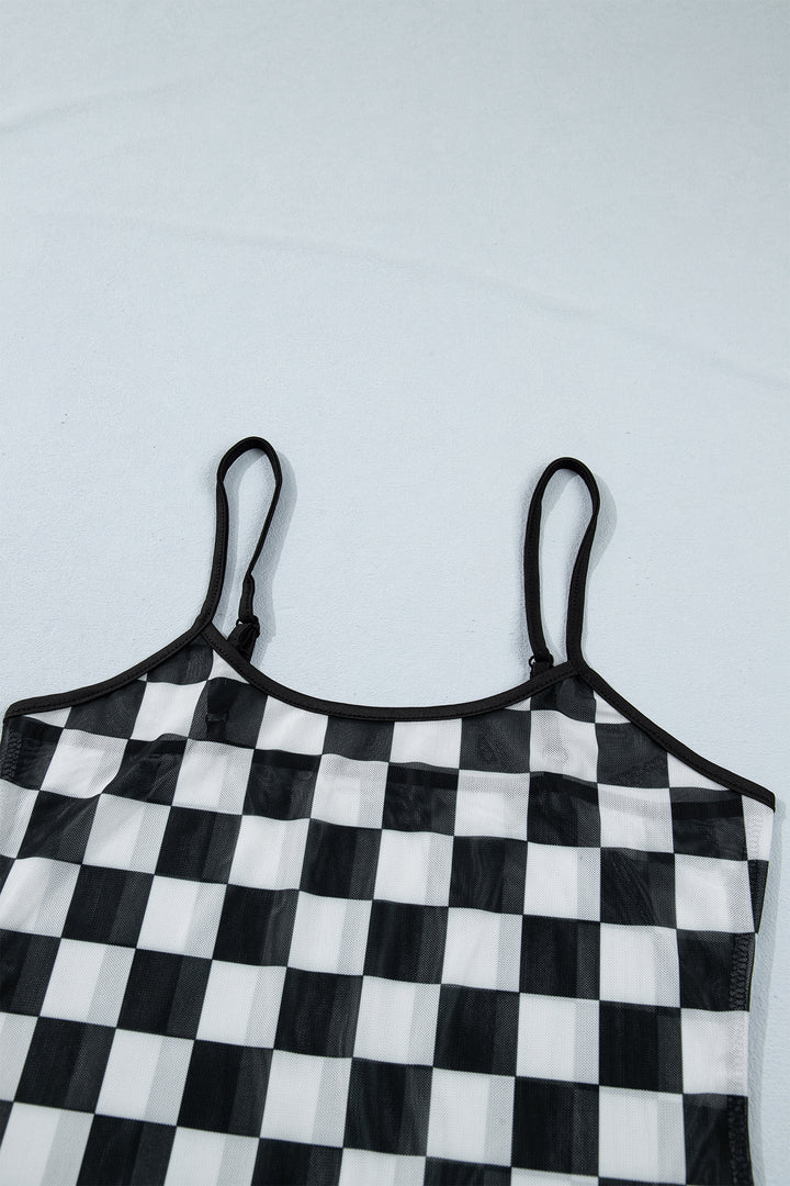 Black Sheer Checkered Print Spaghetti Straps Slim Tank Top
