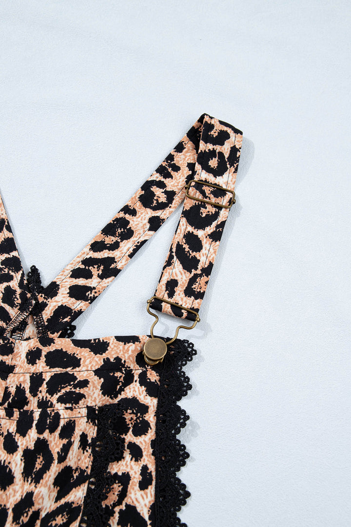 Khaki Cheetah Printed Contrast Lace Detail Ruffled Wide Leg Jumpsuit