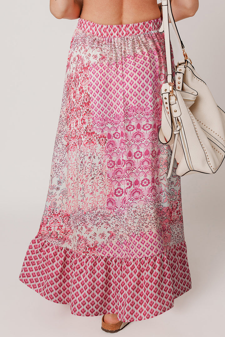 Red Boho Pattern Print Tassel Drawstring High Waist Maxi Dress