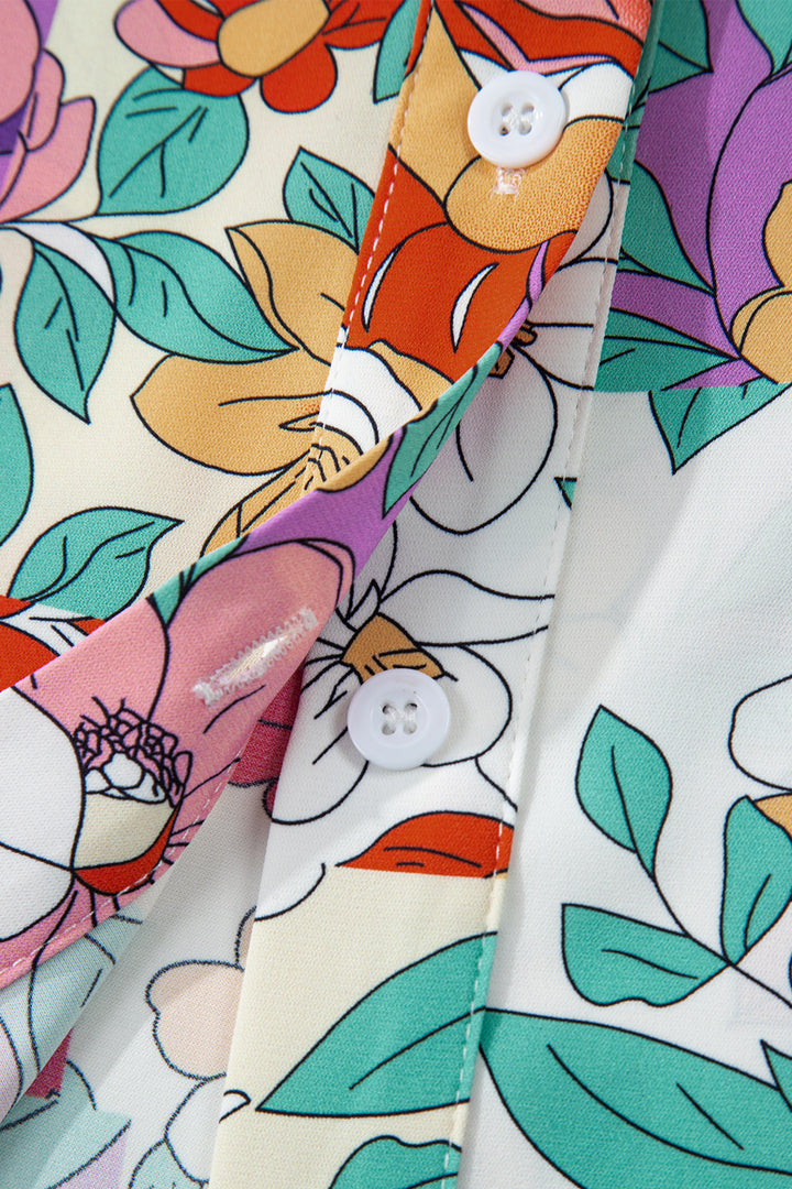 Pink Floral Print Patchwork Frilly Neckline Long Sleeve Shirt