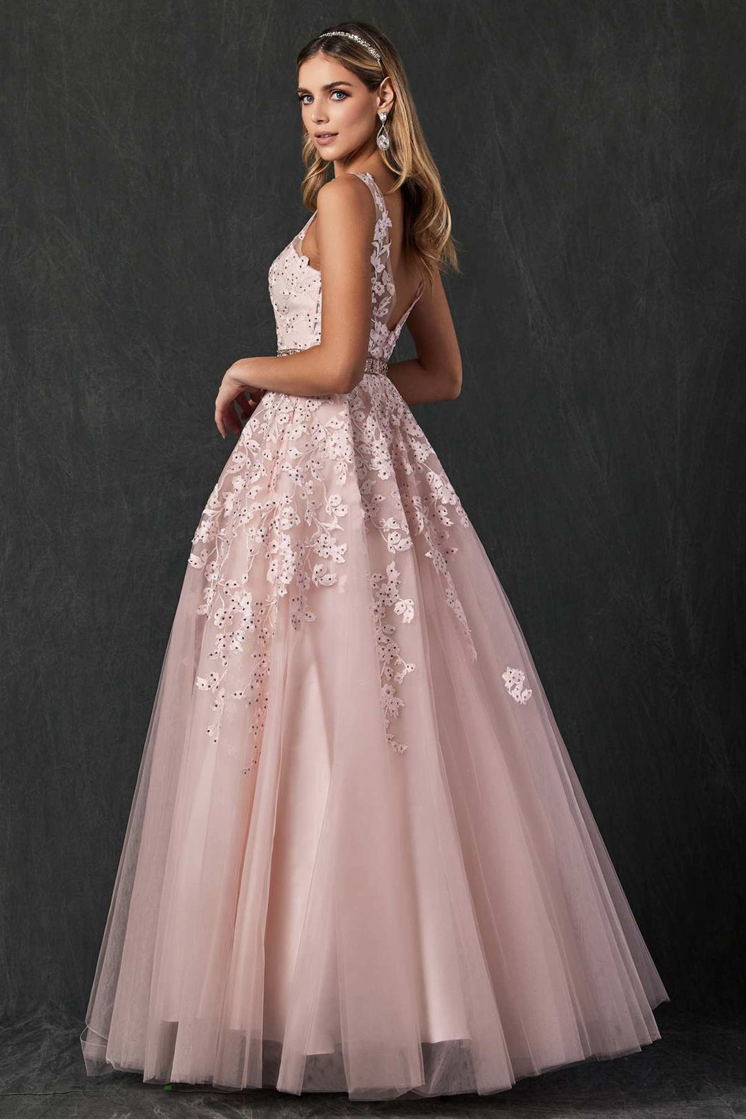 Juliet 224 V-Neck and Back Embroidered Tulle A-Line Ball Gown