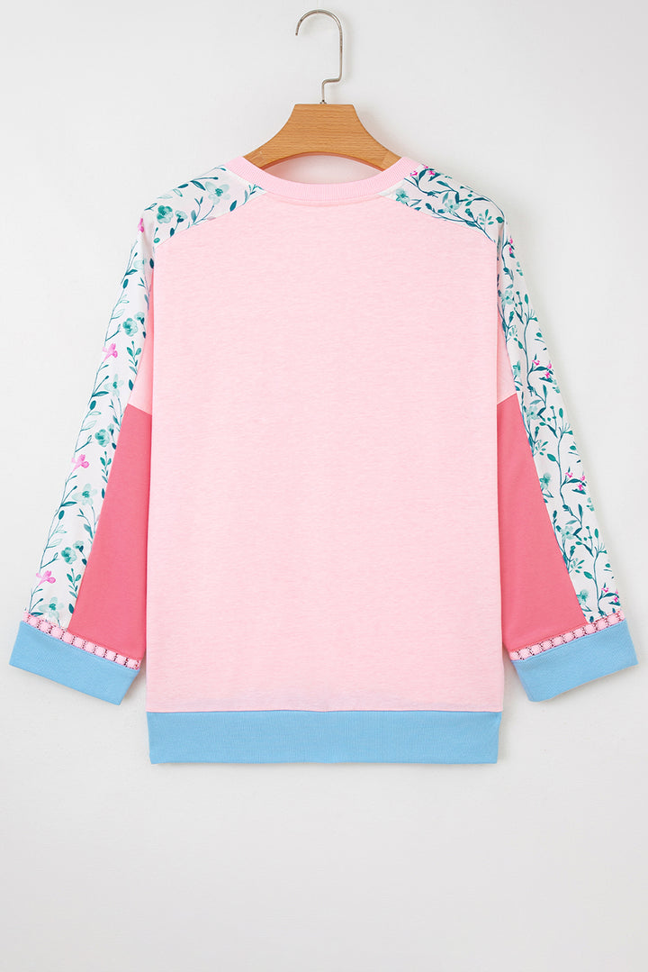 Light Pink Floral Colorblock Patchwork Chest Pocket Notched Neck Long Sleeve Top