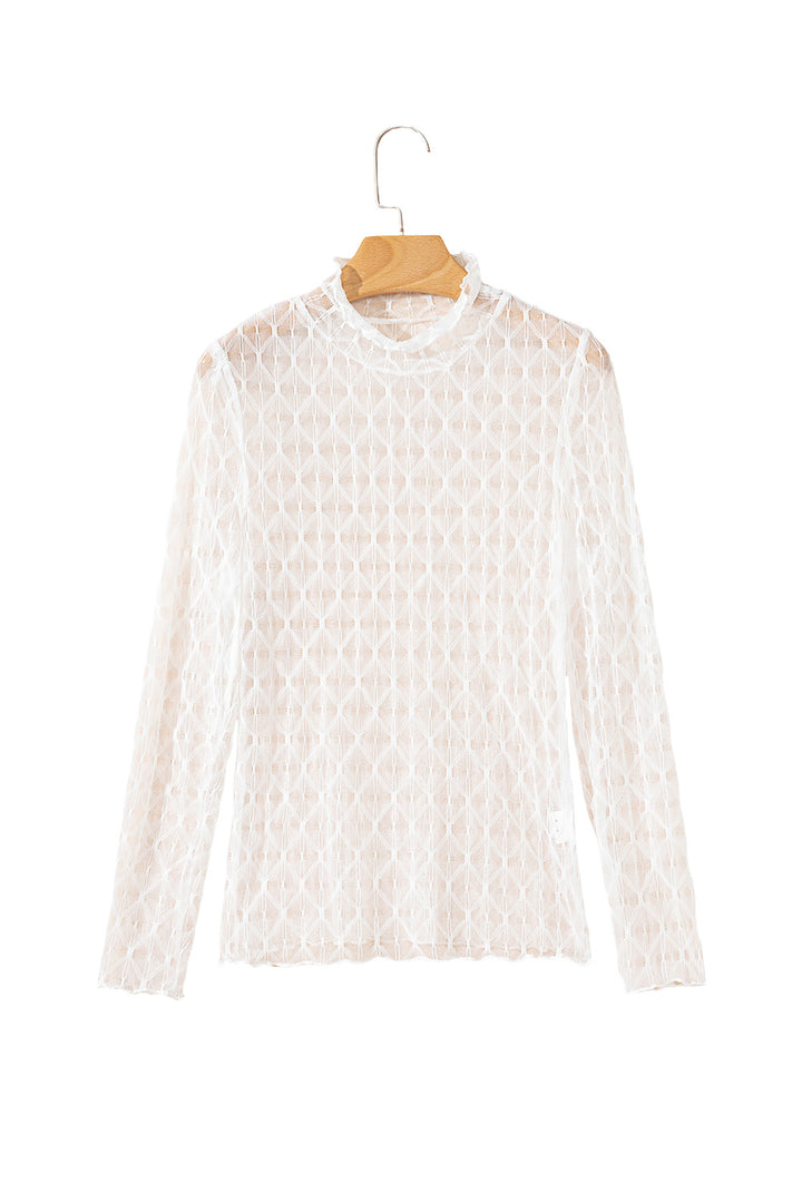 Beige Sheer Mesh Patterned Lettuce Trim Slim Long Sleeve Top