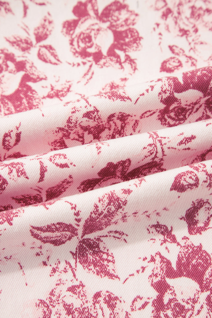 Pink Vintage Floral Print Denim Shift Pants