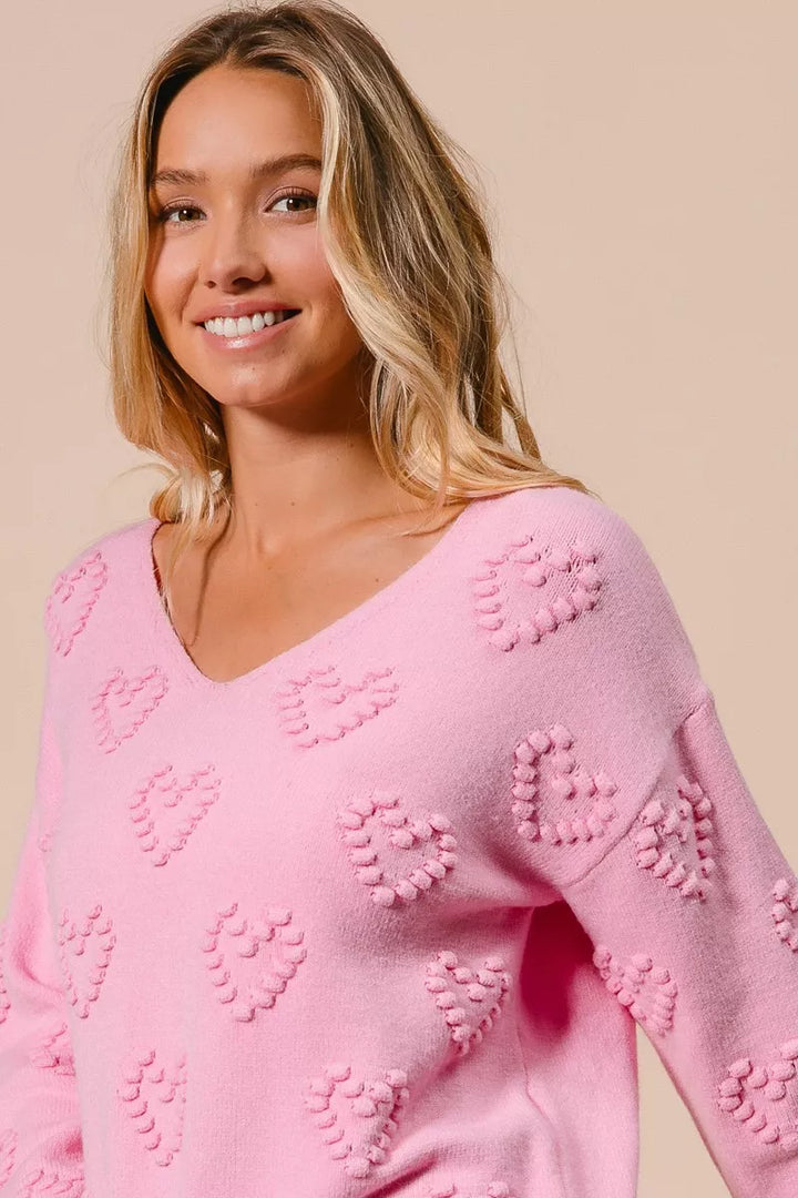BiBi Valentines Heart Pompom V Neck Knit Top