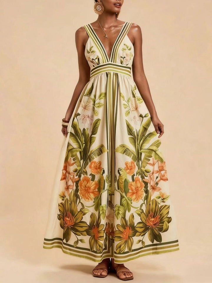 Tropical Print V-Neck Maxi Dress
