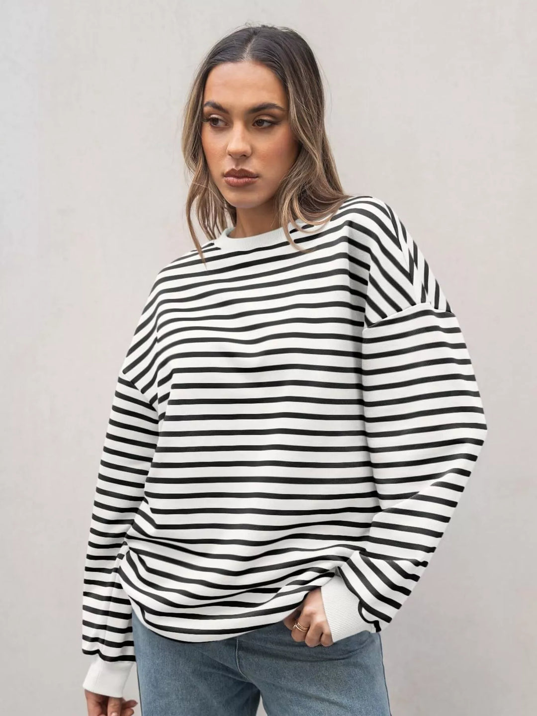 Striped Round Neck Oversized Casual Sweatshirt