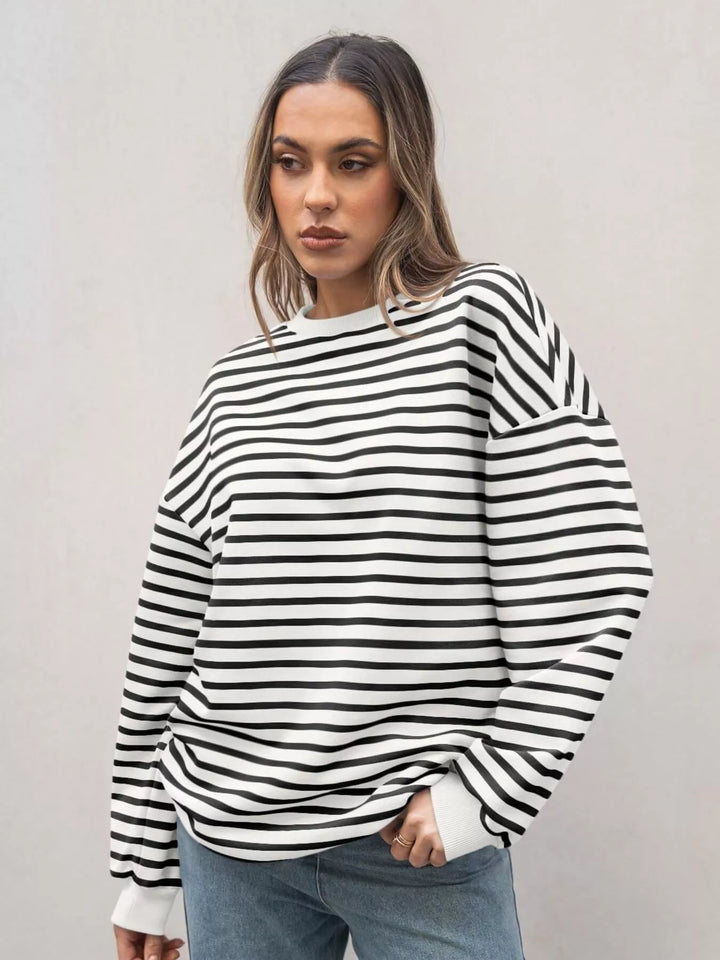 Striped Round Neck Oversized Casual Sweatshirt