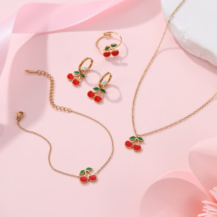 Cherry Necklace Bracelet Titanium Steel Earring Ring Pieces