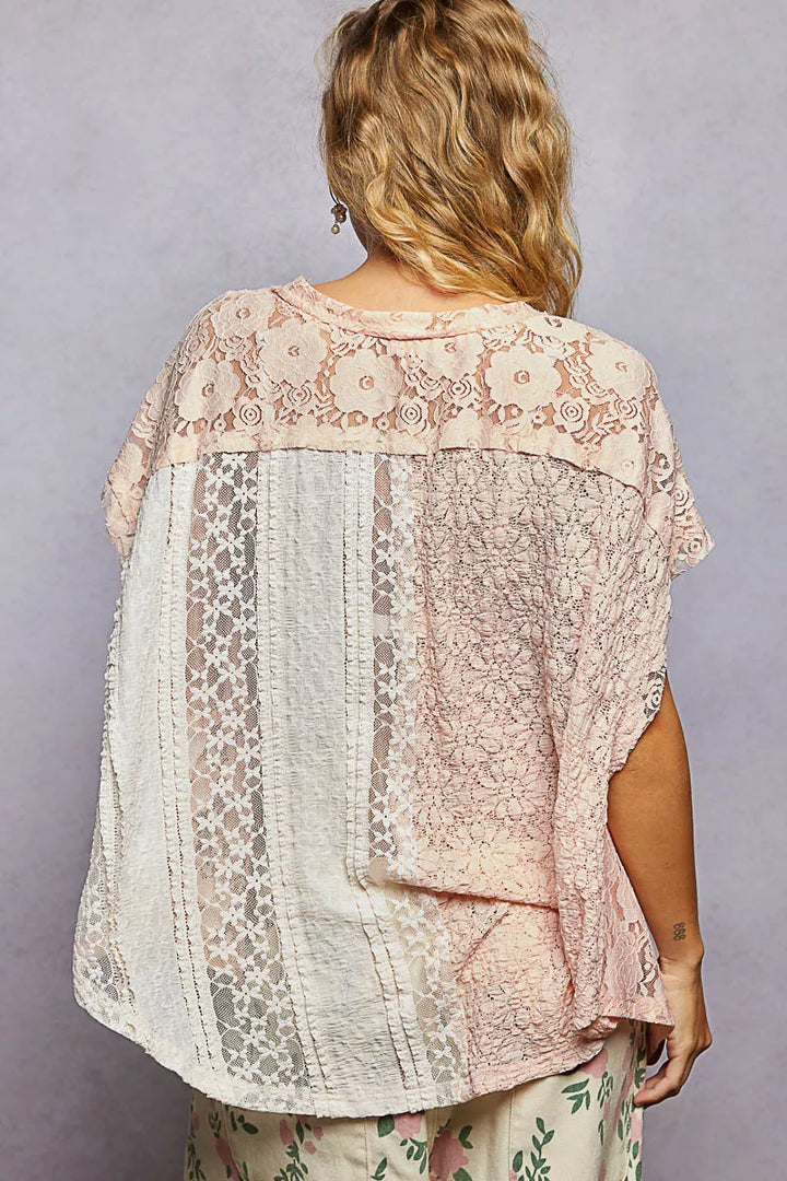 POL Asymmetrical V-Neck Short Sleeve Lace Top
