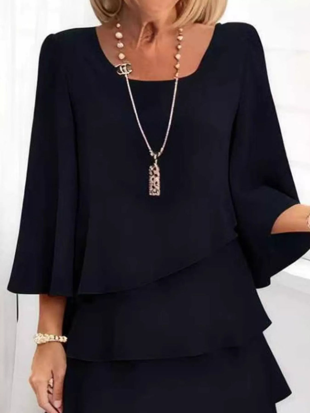 Full Size Ruffled Layered 3/4 Sleeve Dress Plus Size