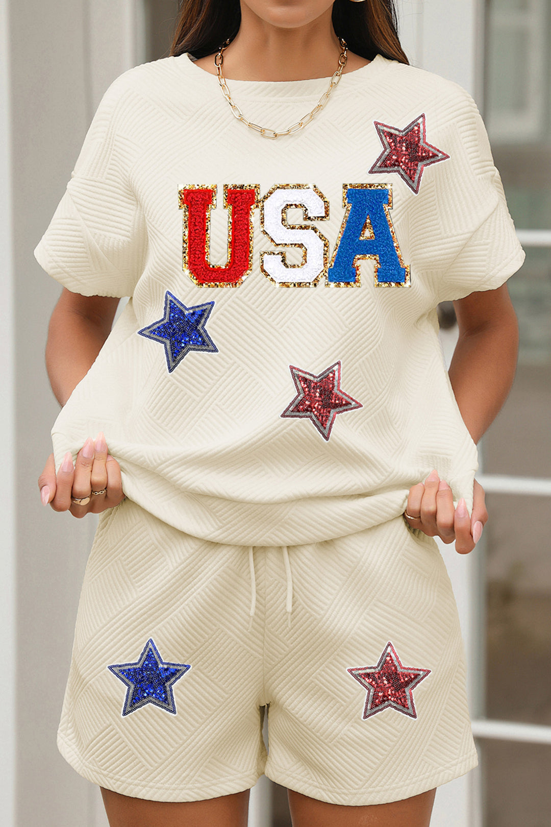 Apricot USA Star Patched Graphic Textured Short Set
