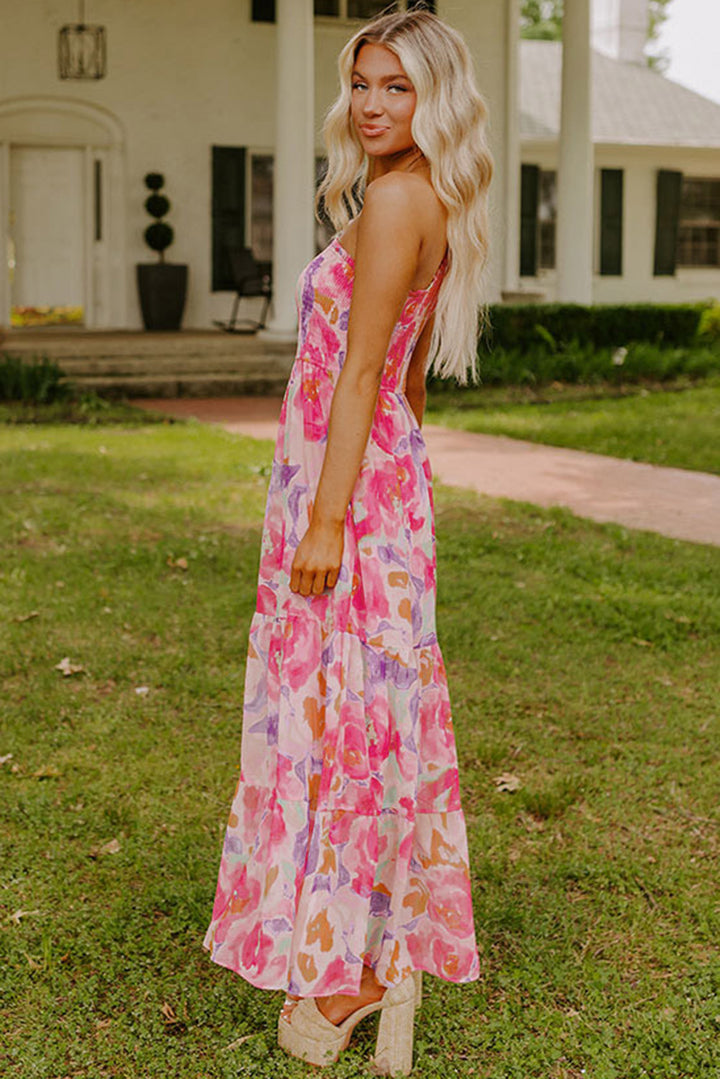 Robe longue froncée à une épaule et imprimé floral abstrait rose