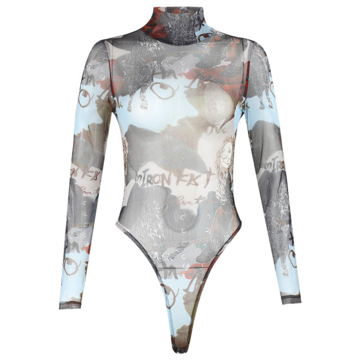 Sexy Sheer Mesh Letter Graphic Printing Bottoming Long-Sleeved Bodysuit