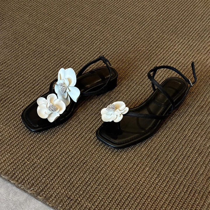 Women's French Floral One-Strap Sandals, New Arrival For Spring & Summer, Fairy Style Soft Leather Open Toe Beach Sandals