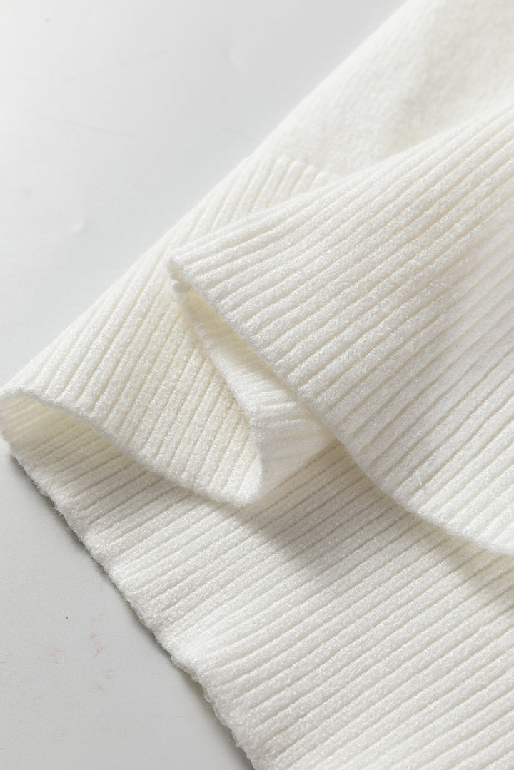 White Fish Scale Textured Knit Ribbed High Neck Short Sleeve Sweater