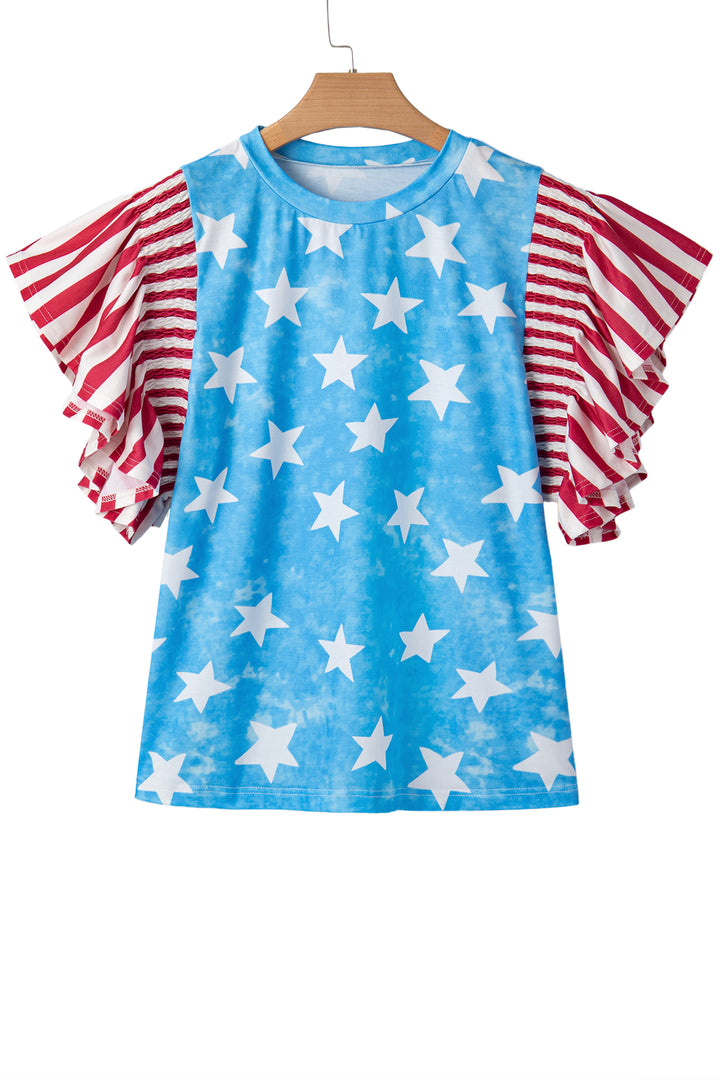 Sky Blue Vintage Star Print Striped Ruffle Sleeve Independence Day Top