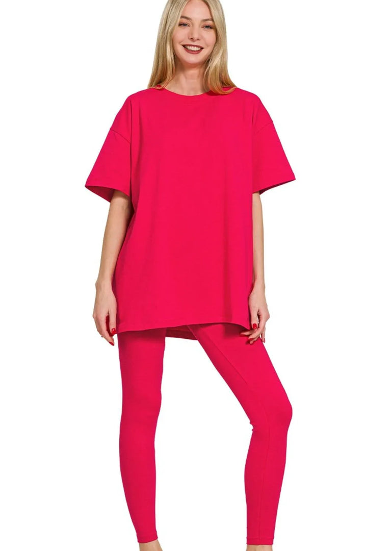 Zenana Cotton Round Neck Top & Legging Set