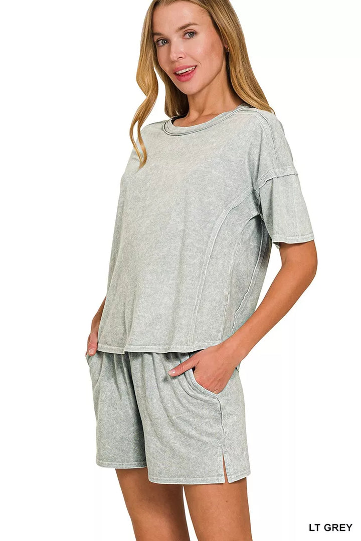 Zenana Halo Snow Washed Short Sleeve Tee and Shorts Set