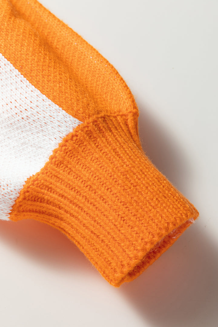 Grapefruit Orange Checkered Pattern Polo Collar Loose Sweater