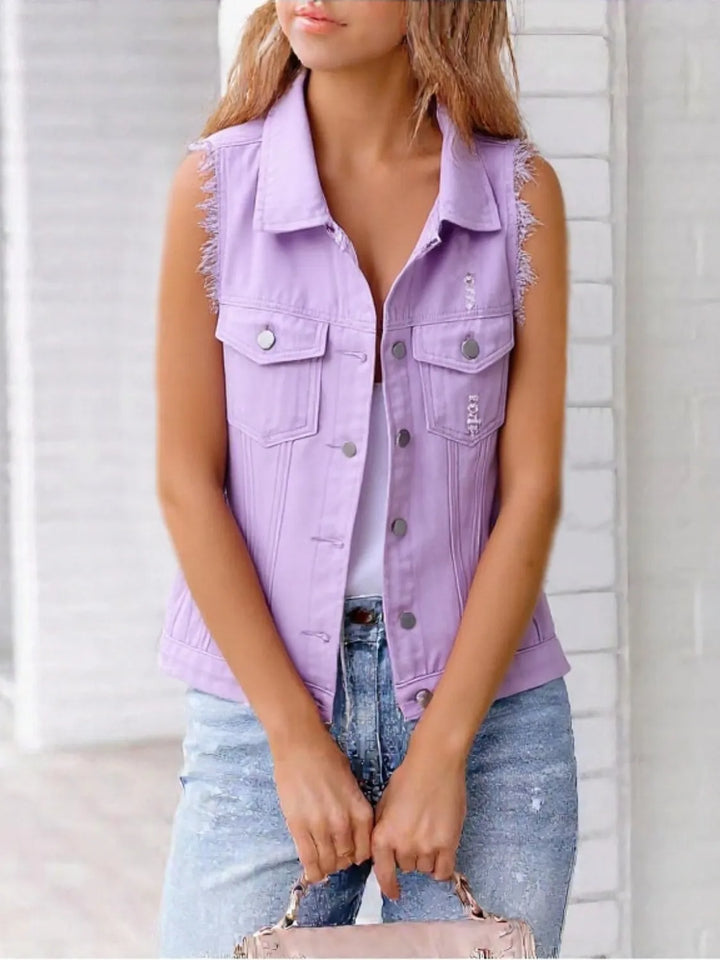 Full Size Sleeveless Frayed Denim Vest Jacket Plus Size