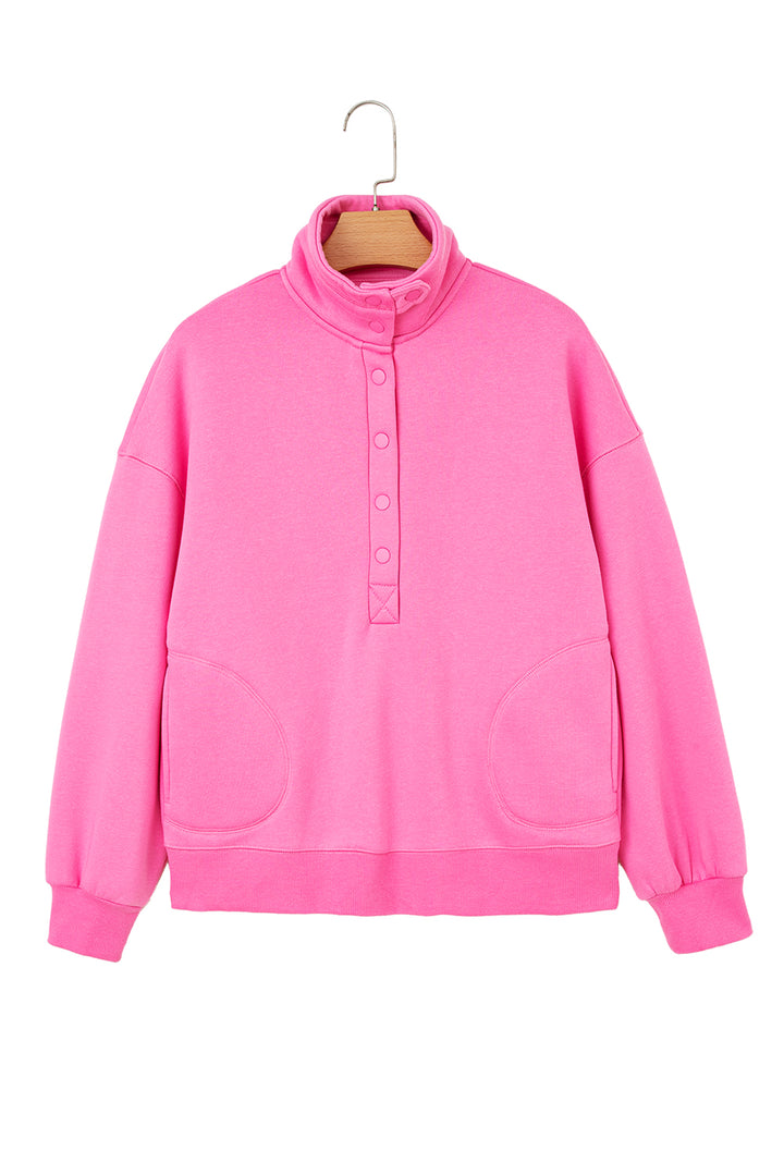 Bright Pink Half Button Stand Neck Drop Shoulder Sweatshirt