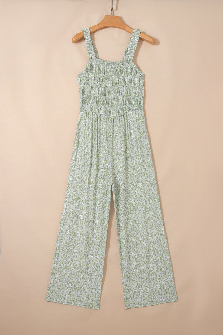 Green Smocked Bodice Square Neck Sleeveless Floral Jumpsuit