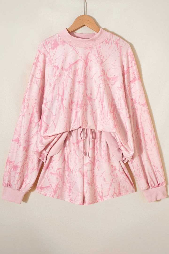 Pink Mock Neck Pullover and Shorts Camo Set