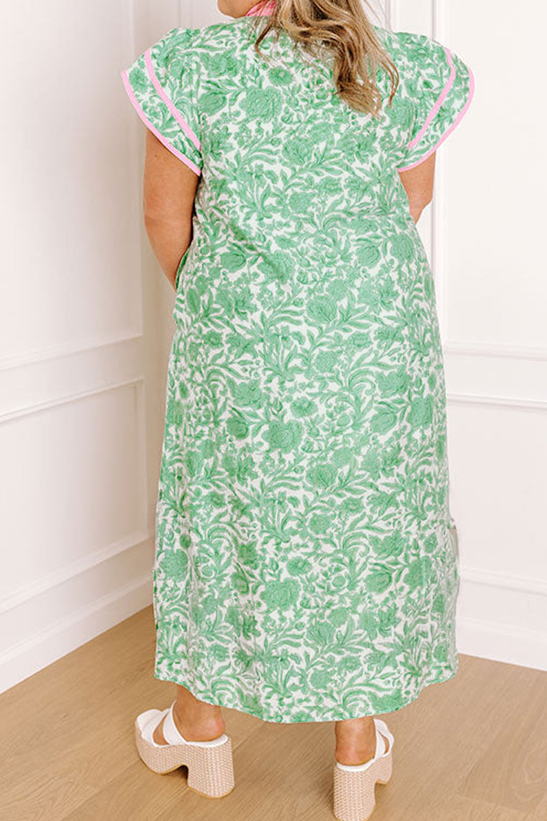 Green Plus Size Contrast Trim Flutter Sleeve Floral Kaftan Maxi Dress