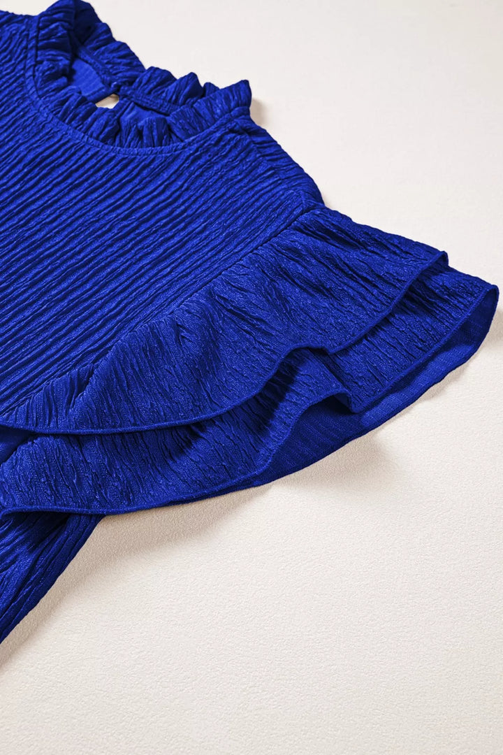 Solid Color Textured Ruffle Trim Short Sleeve Blouse