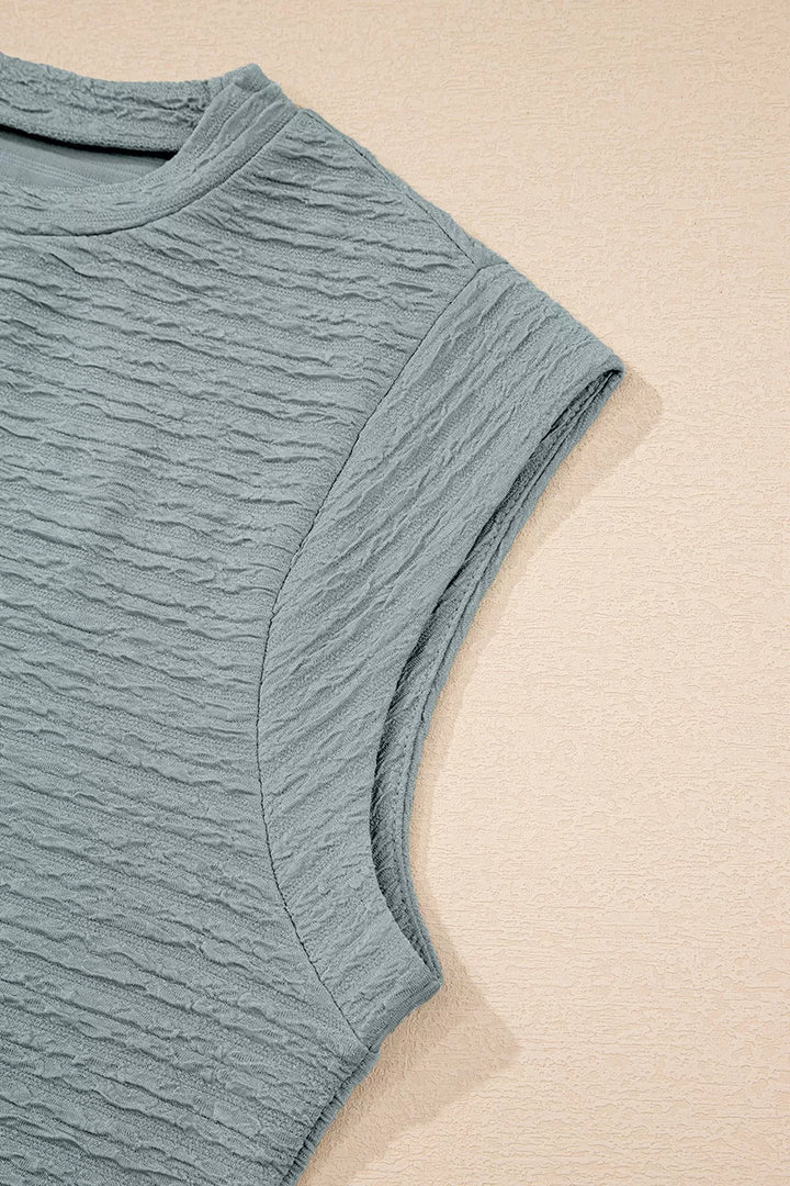 Solid Color Textured Crew Neck Top