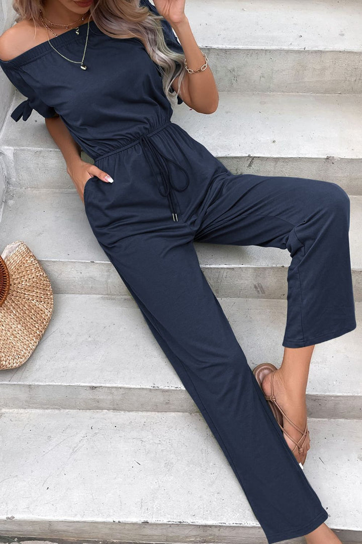 Perfee Off-Shoulder Tie Cuff Jumpsuit with Pockets