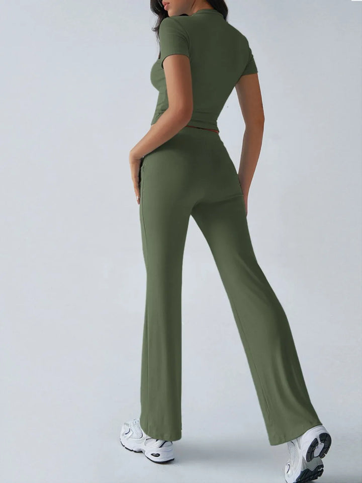 Round Neck Short Sleeve Top and Pants Set
