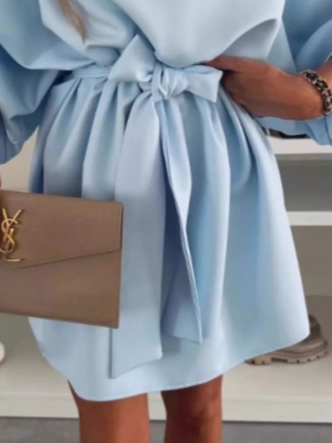 Batwing Sleeve Tie Waist Mini Dress