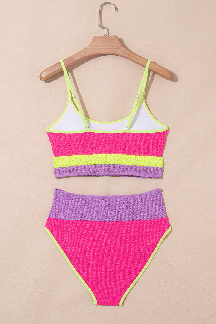 Rose Red Color Block High Waisted Sexy Bikini Set