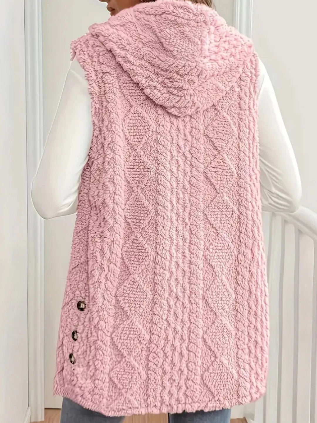 Button Up Plush Hooded Vest Coat