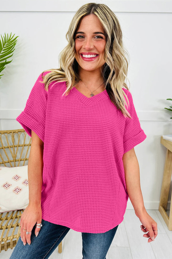 Strawberry Pink Waffle V Neck Short Sleeve Knit Top