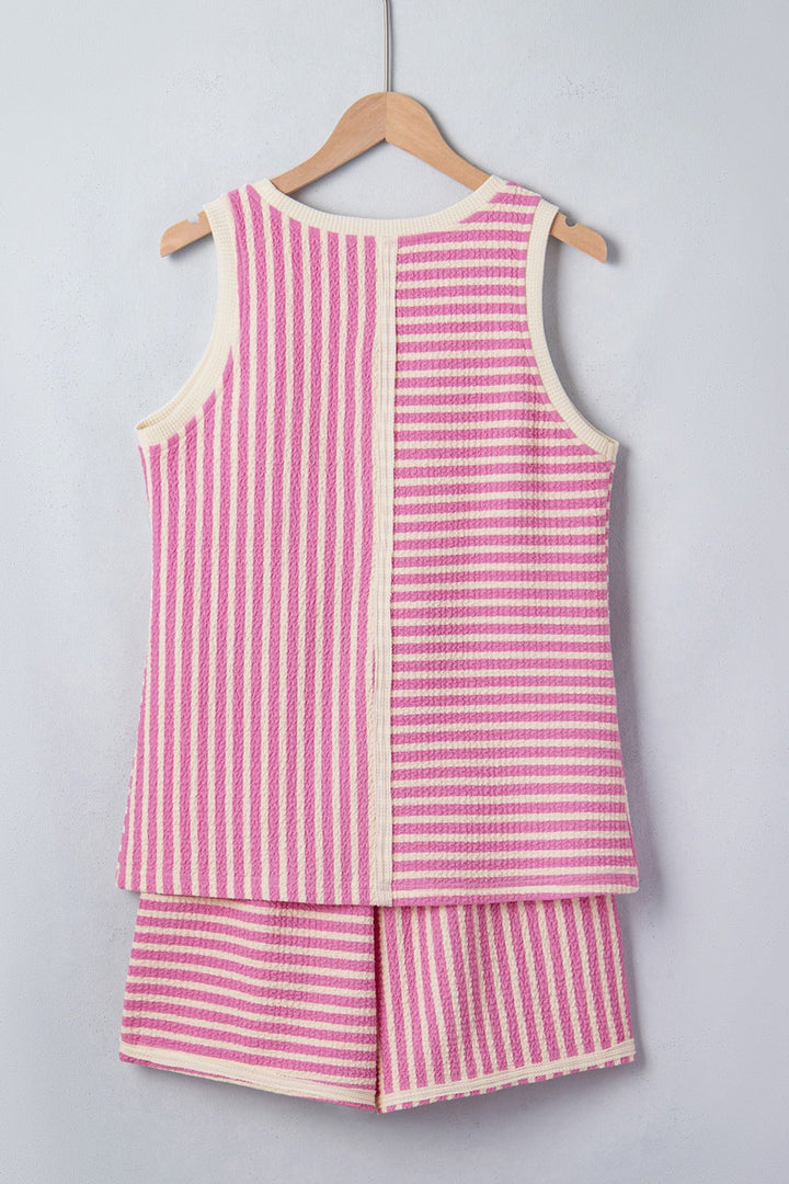 Stripe Textured Contrast Trim Casual Tank and Shorts Set