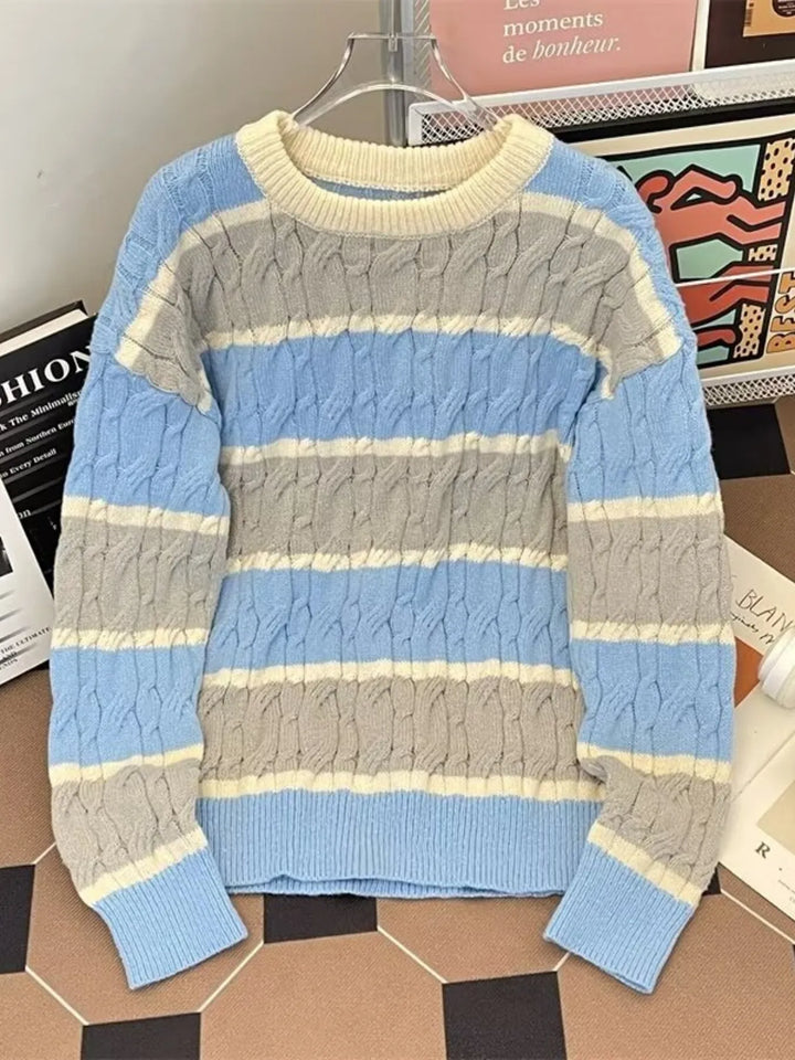 Men's Plus Size Striped Cable Knit Pullover Sweater