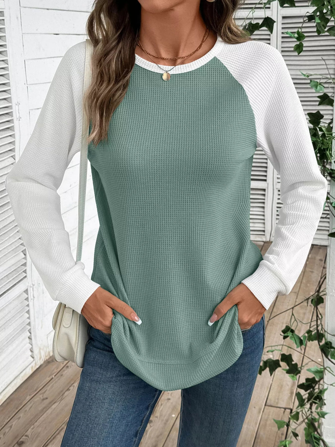 Contrast Raglan Sleeve Waffle Knit T-Shirt