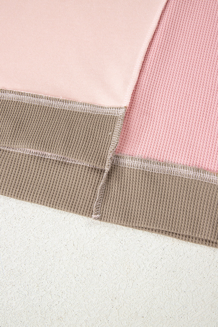 Light Pink Plus Color Block Waffle Patchwork Exposed Seam Baggy Sweatshirt