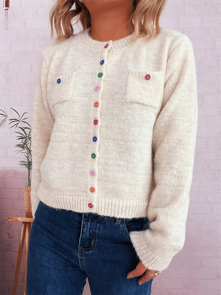 Button-Up Ribbed Hem Cardigan with Chest Pocket