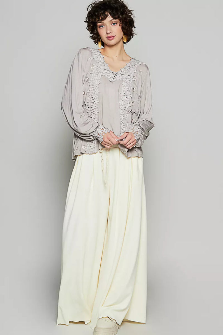 POL Floral Embroidery Woven Top with Lace Trim