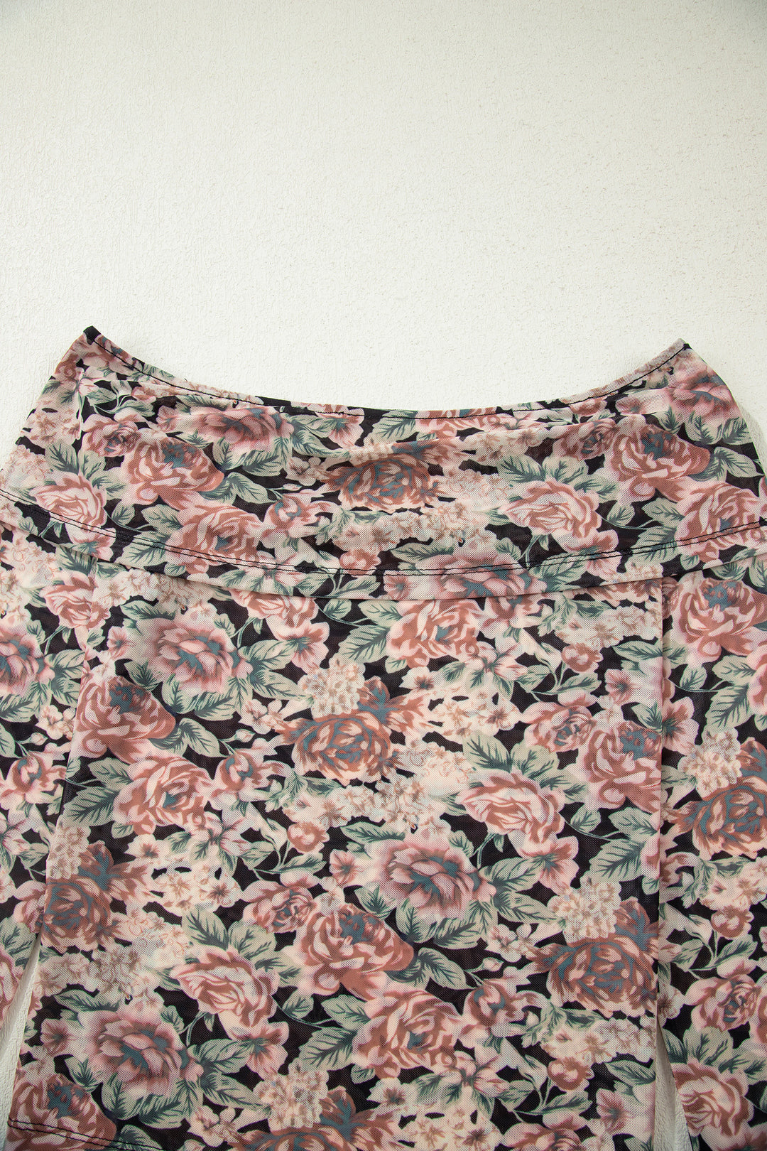 Black Floral Print Mesh Long Sleeve Foldover Off Shoulder Top