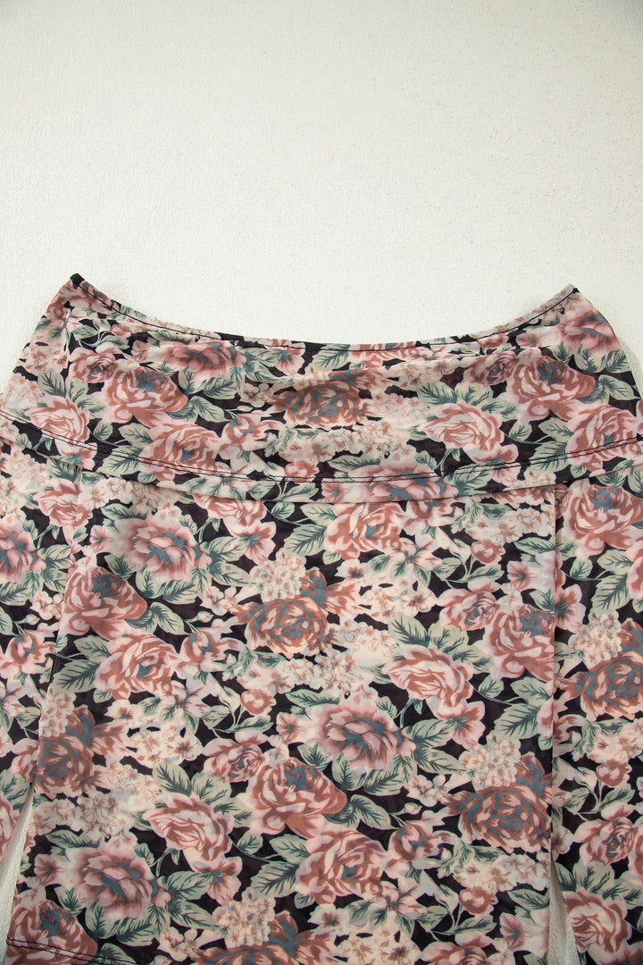 Black Floral Print Mesh Long Sleeve Foldover Off Shoulder Top